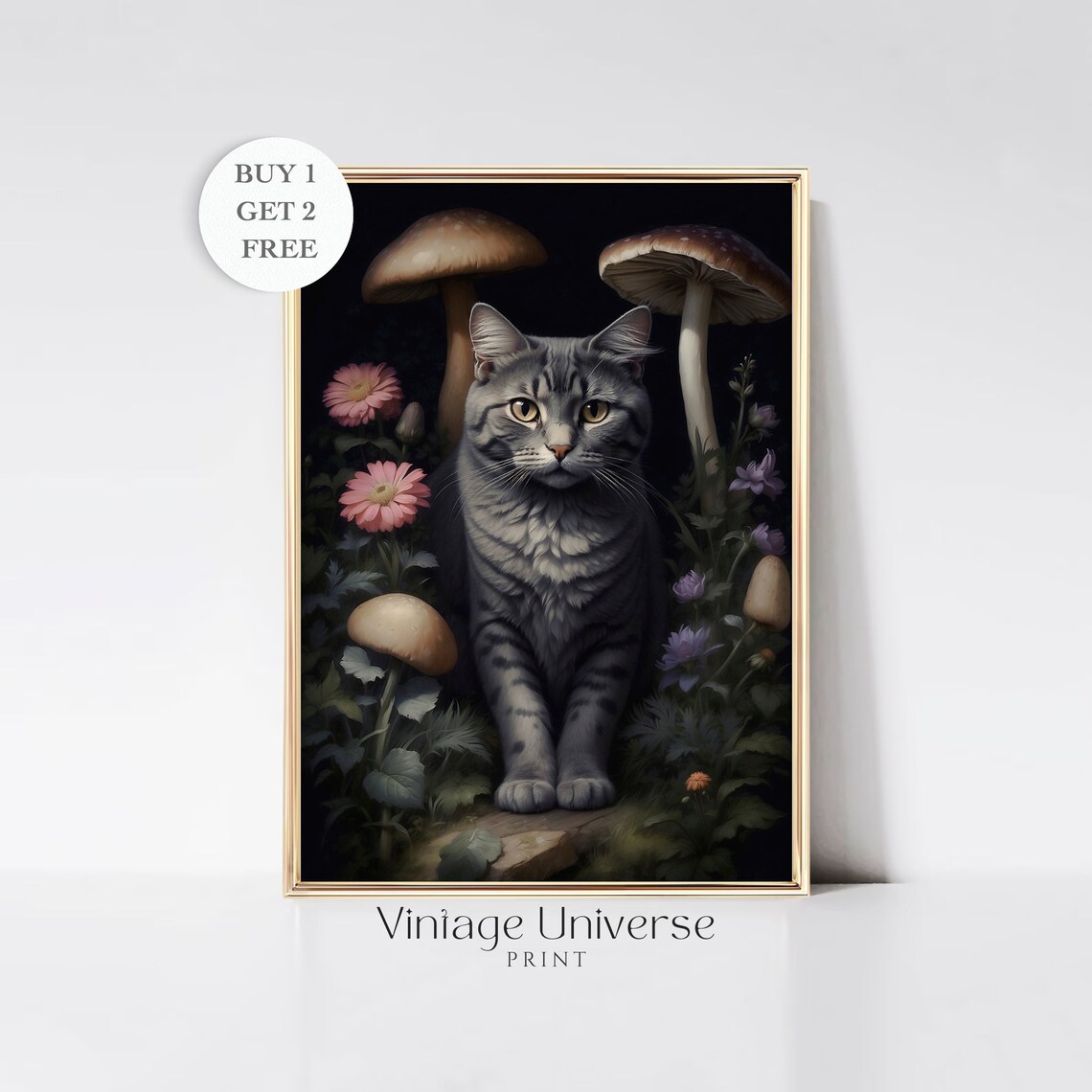 Gray Tabby Cat Among Mushrooms and Flowers at Night Art Print