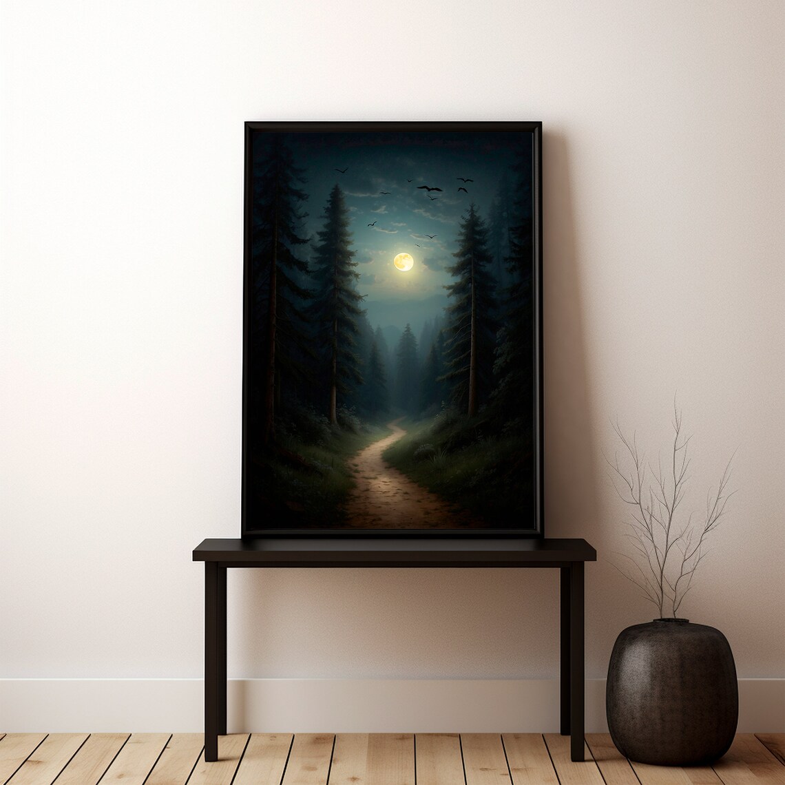 Moonlit Forest Path Between Tall Pines with Flying Birds Night Art Print - Image 2