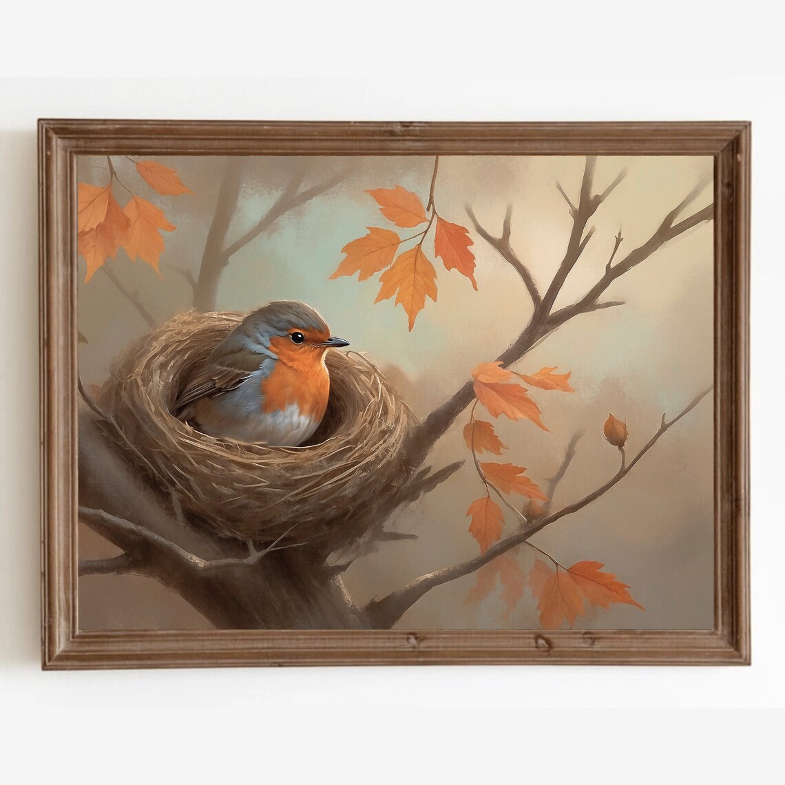 Robin Bird In Nest With Orange Autumn Leaves Vintage Bird Poster - Image 4