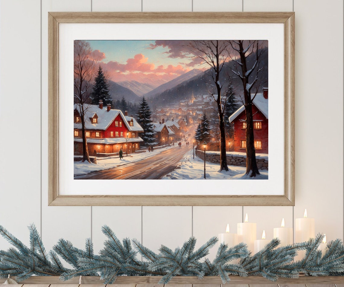 Vintage Christmas Town Print Winter Street Wall Art Christmas Village Print Holiday Painting Seasonal Home Decor Christmas Prntable - Image 2