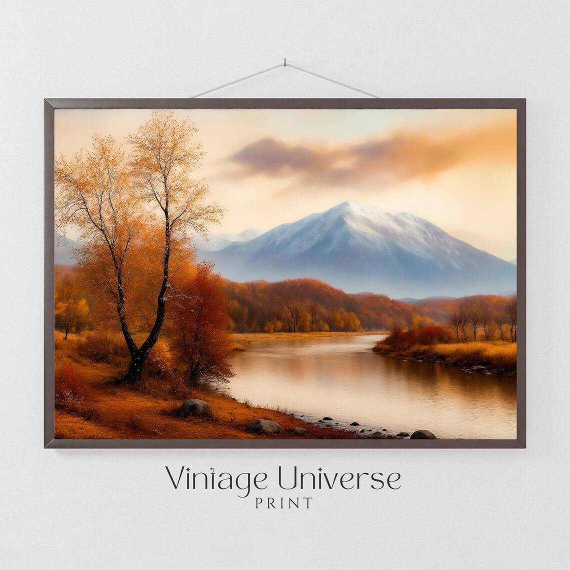 Autumn River Valley Snowy Mountain Vintage Oil Painting Poster - Image 4
