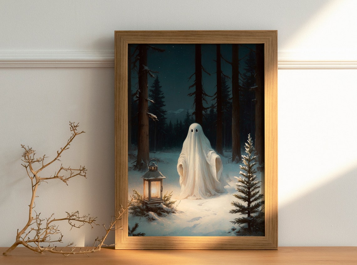 Ghost with Glowing Lantern in Snowy Night Forest Winter Print - Image 3