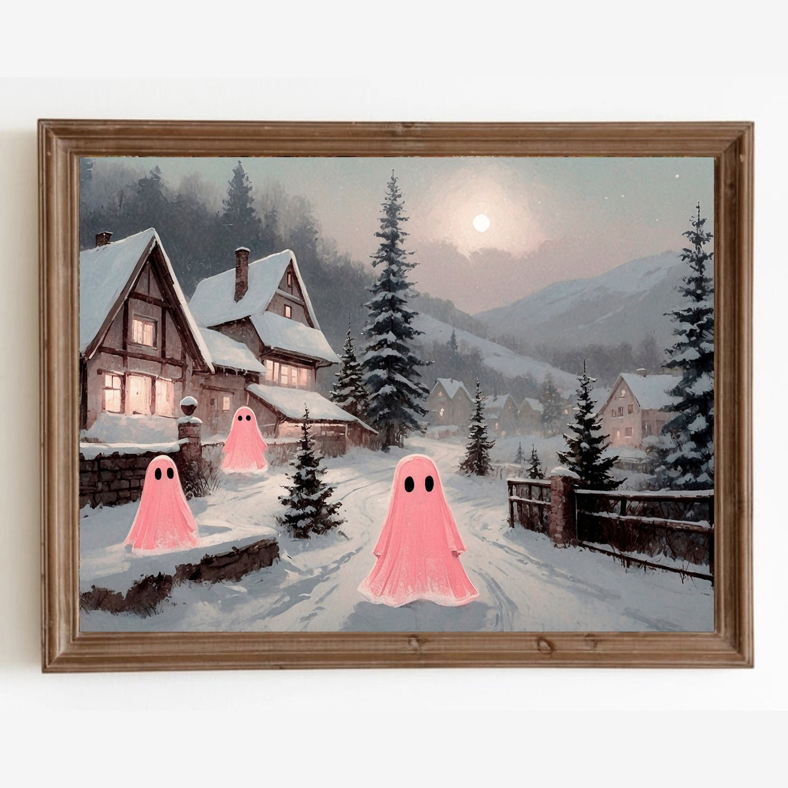 Three Pink Ghosts in Snowy Mountain Village Under Moonlight Print - Image 4