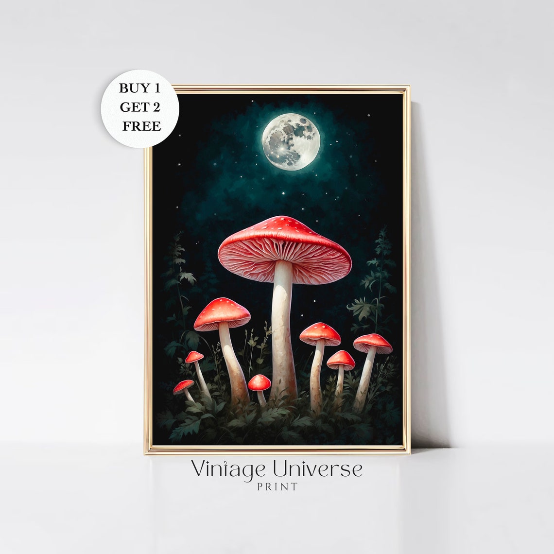 Red Capped Mushrooms Under a Full Moon in Dark Starry Night Art Print