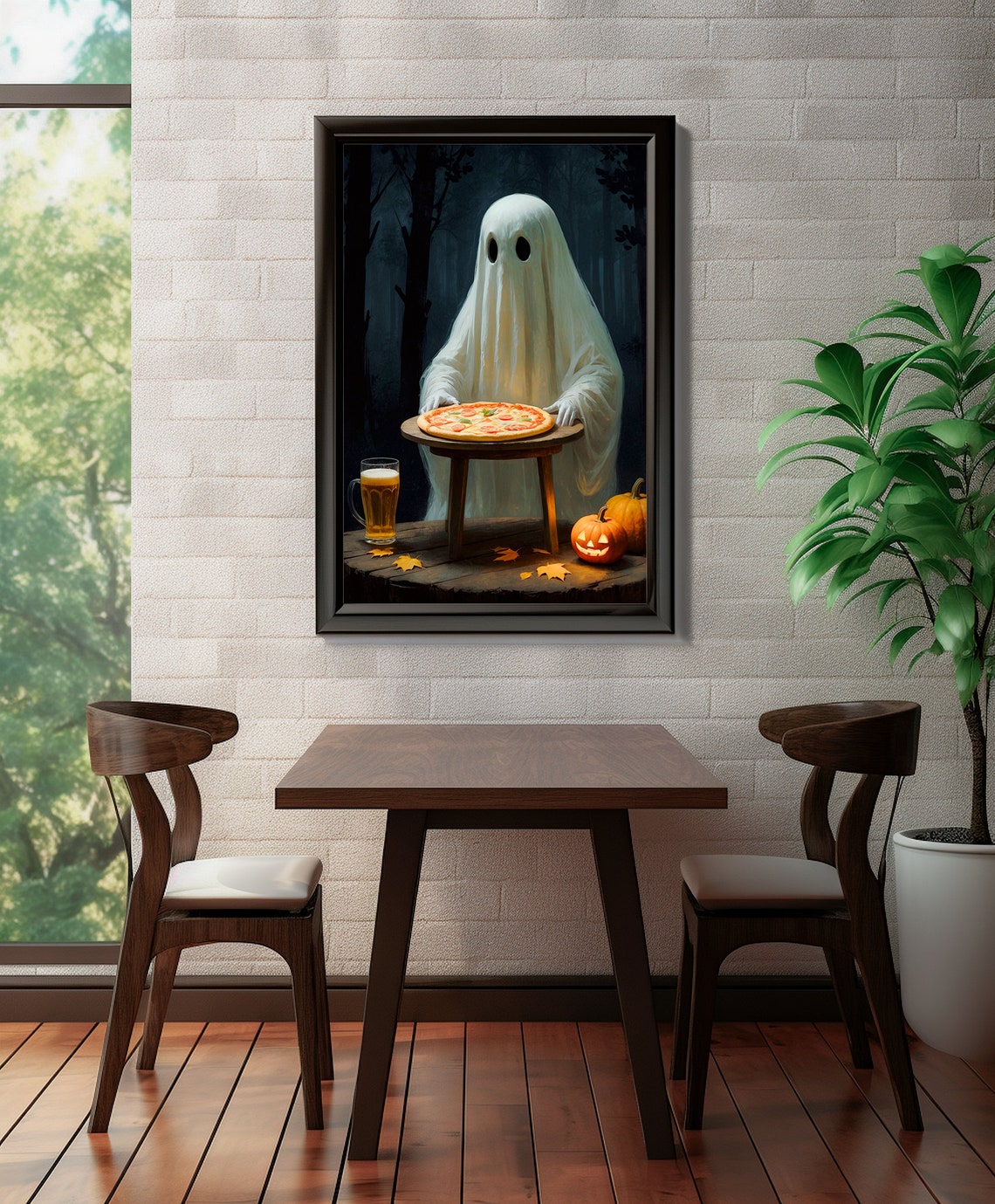 Ghost Eating Pizza Dark Forest Halloween Party Funny Spooky Print - Image 2