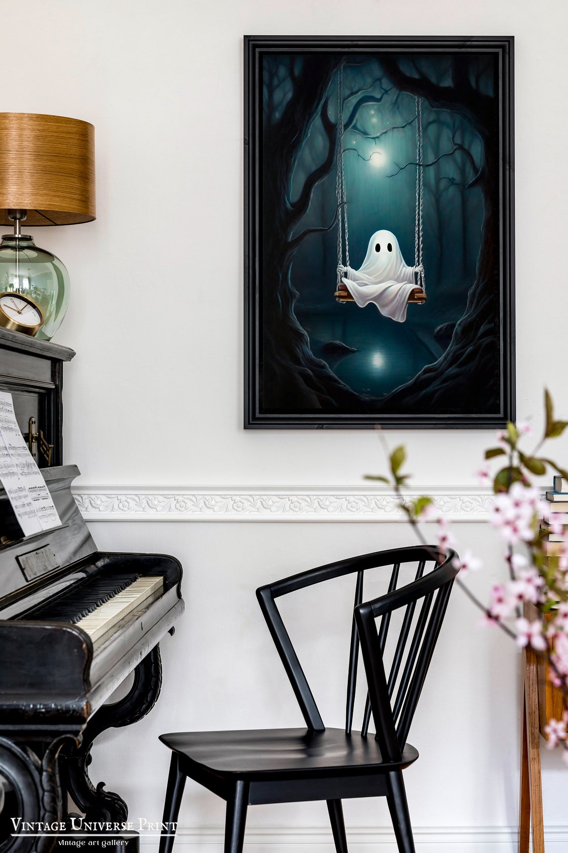 Ghost On A Swing In A Moonlit Dark Forest Over Water Halloween Poster - Image 2