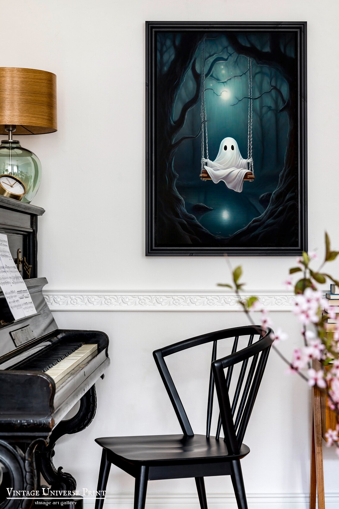 Ghost On Swing Wall Art Spooky Dark Halloween Wall Decor Cute Ghost Painting Moody Decor Moody Forest Print - Image 2