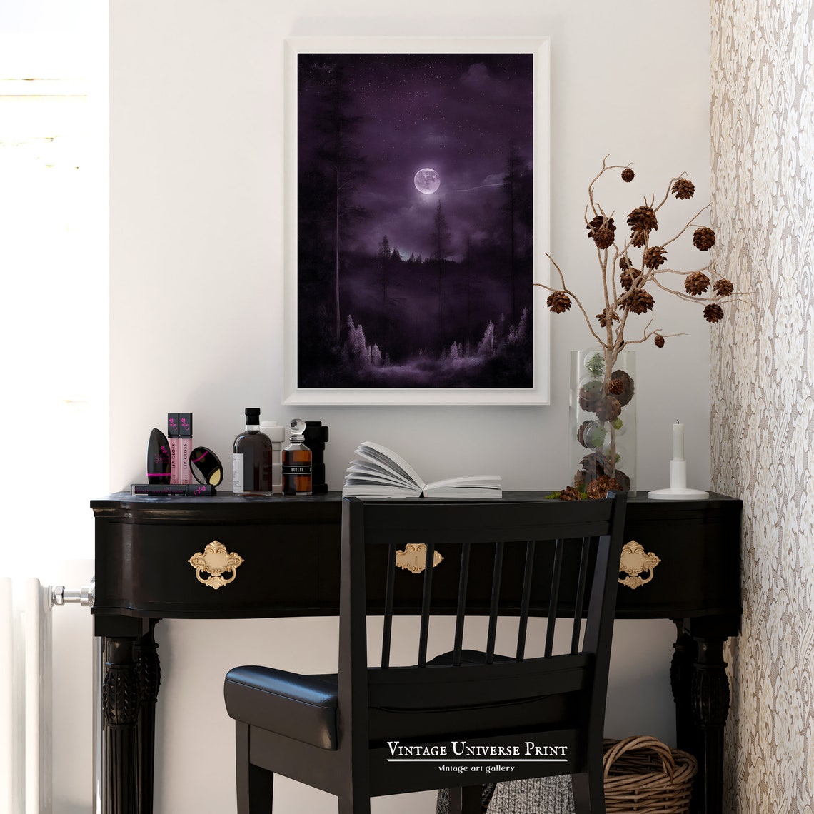 Purple Night Sky Full Moon Over Forest Vintage Celestial Poster - Image 2