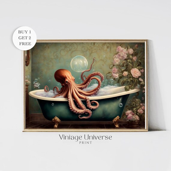 Octopus In Bathtub Print Octopus Wall Art Bathroom Wall Art Print Octopus Poster Bathroom Decor Bath Art Print Instant