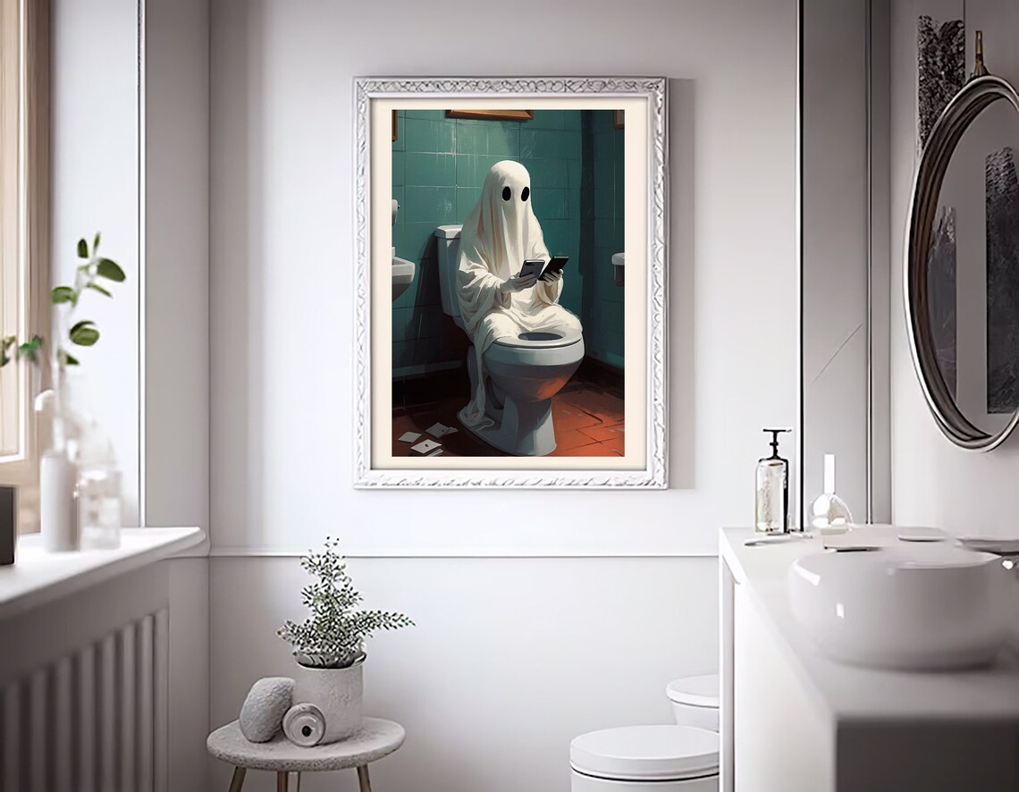 Ghost Sitting On A Toilet Scrolling A Phone In A Teal Bathroom Funny Art Print - Image 3