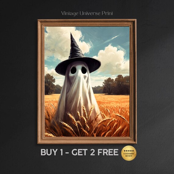 Ghost In A Witch Hat Standing In A Golden Wheat Field Under A Blue Sky Poster