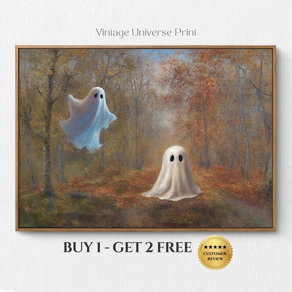 Moody Fall Forest Landscape Vintage Oil Painting Cute Ghosts Autumn Painting Spooky Halloween Wall Decor Country Cottage Fall