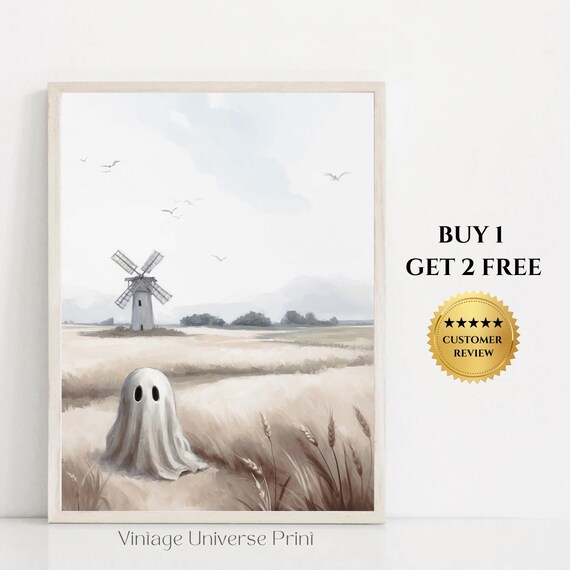 Ghost In Wheat Field By A Windmill Rural Vintage Halloween Poster