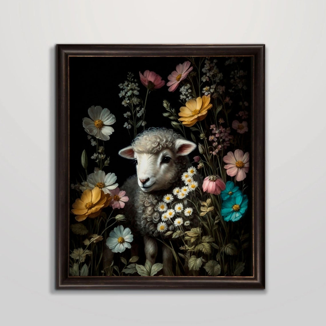 Sheep Painting Moody Antique Oil Painting Floral Sheep Print Dark Academia Decor Moody Flowers Vintage Sheep Print Wall Art - Image 5
