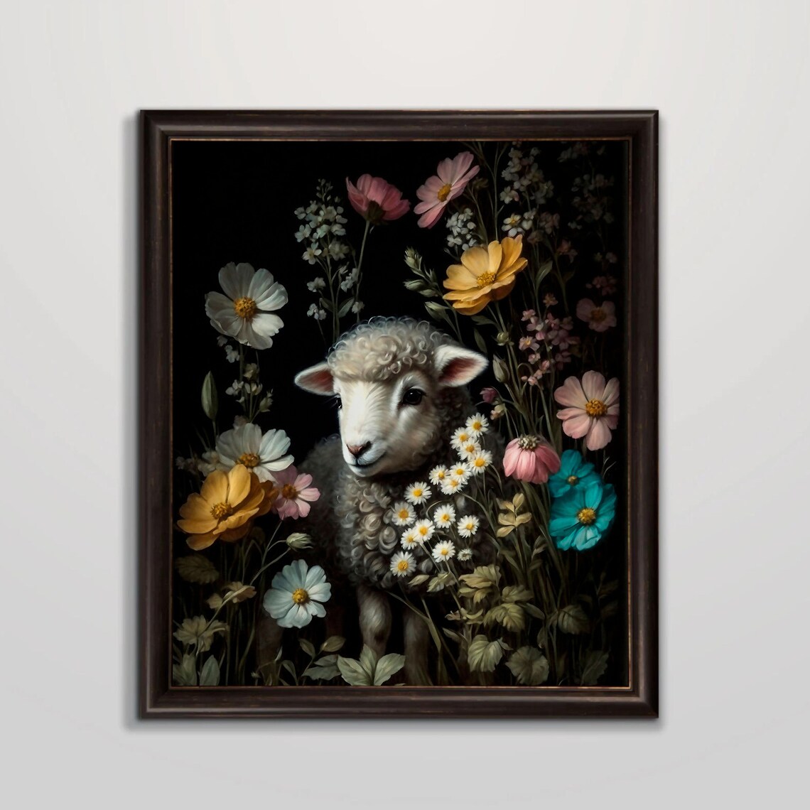 Sweet Lamb Among Colorful Wildflowers Moody Floral Animal Poster - Image 5