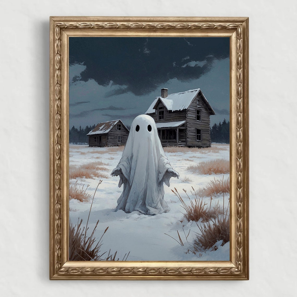 Ghost in Snowy Field Before Old Farmhouse Moody Winter Print - Image 4