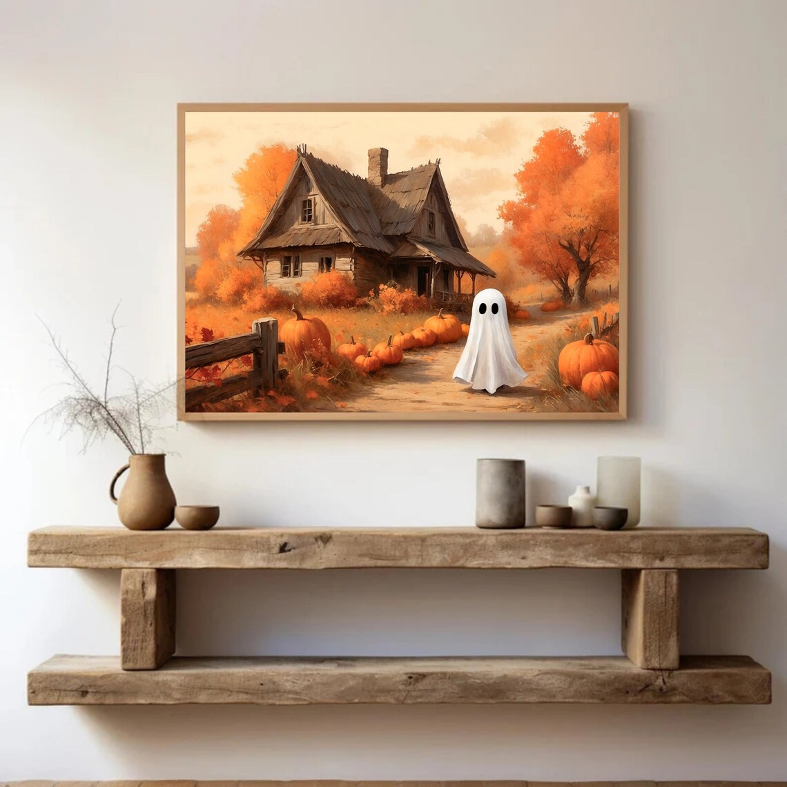 Little Sheet Ghost Beside Pumpkins At A Rustic Autumn Cabin Vintage Halloween Poster - Image 3