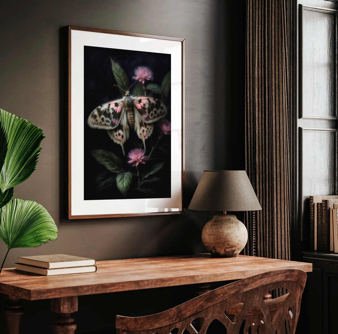 Giant Pink and Black Moth on Blossoms in Dark Botanical Art Print - Image 2