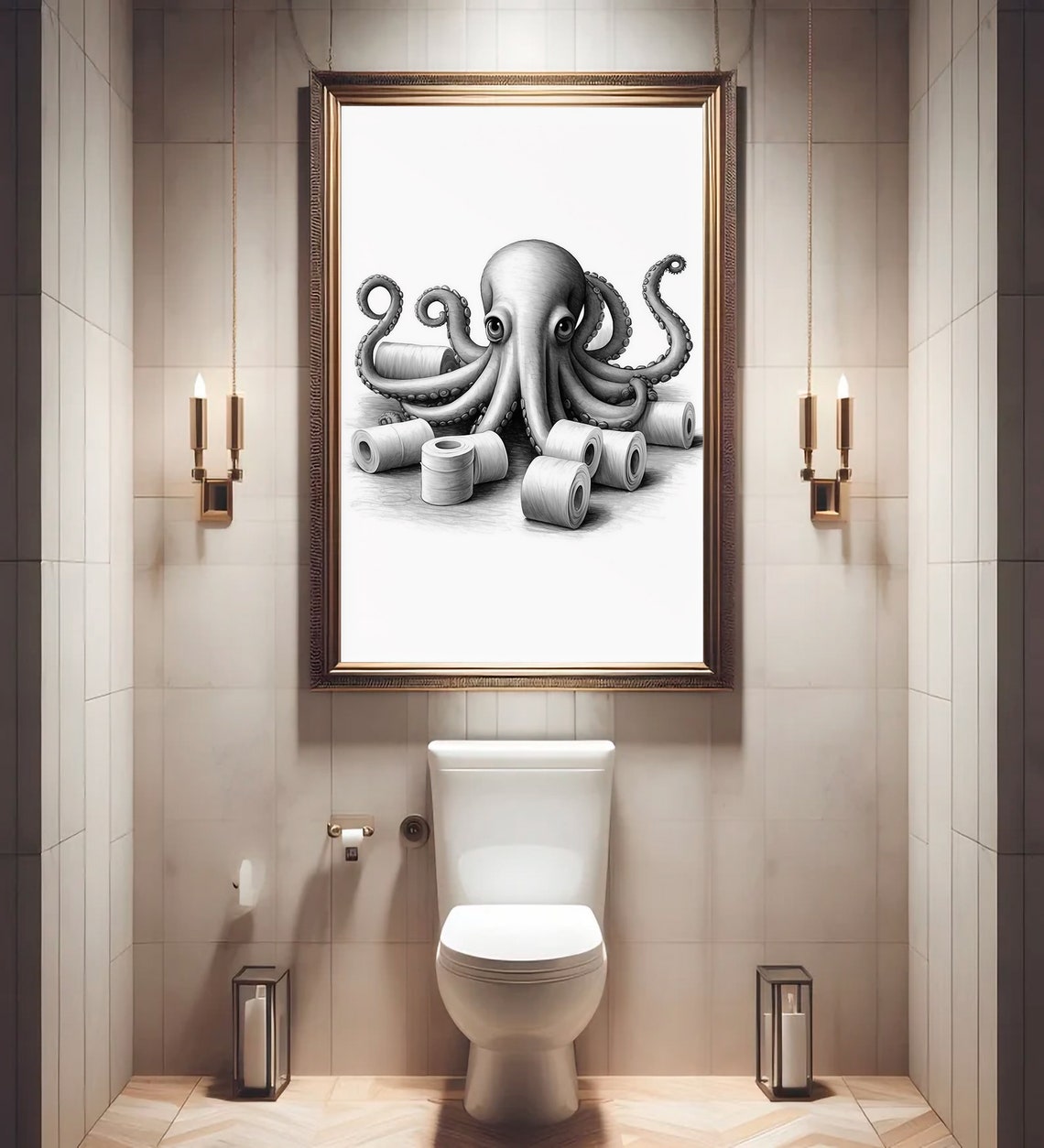 Octopus With Toilet Paper Rolls Black And White Bathroom Poster - Image 3
