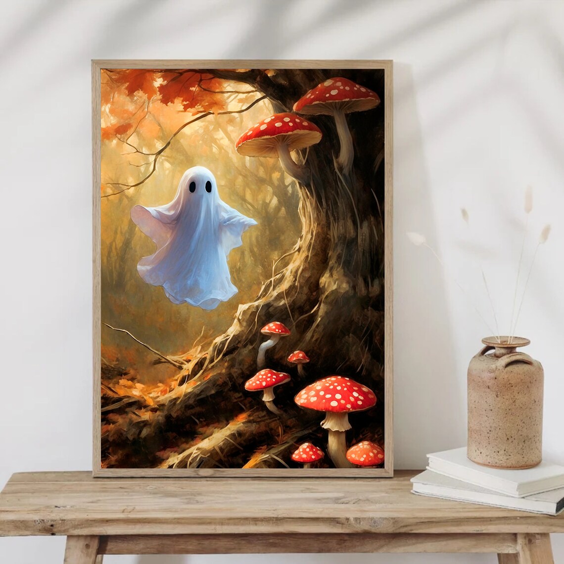 Cute Ghost By Tree With Red Mushrooms In Autumn Forest Halloween Painting Poster - Image 4