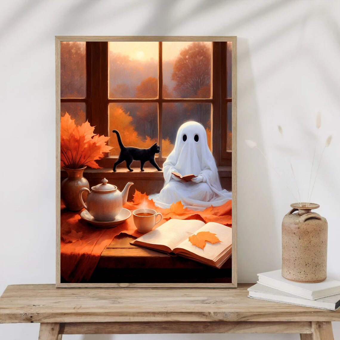 Cute Ghost Reading Book By Autumn Window With Cat And Tea Fall Painting Poster - Image 4