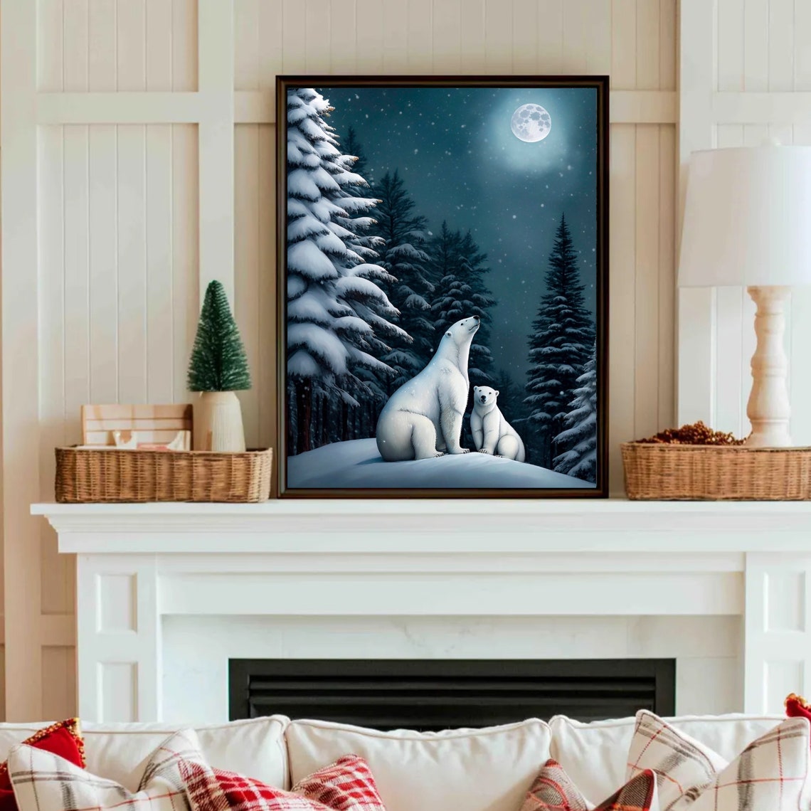 Polar Bear and Cub Under Moonlight Snowy Forest Night Poster - Image 3