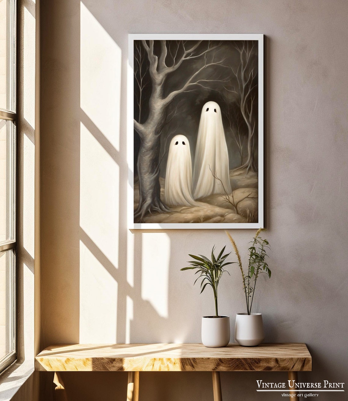Two Ghosts In A Dark Moody Forest With Bare Trees Halloween Poster - Image 2
