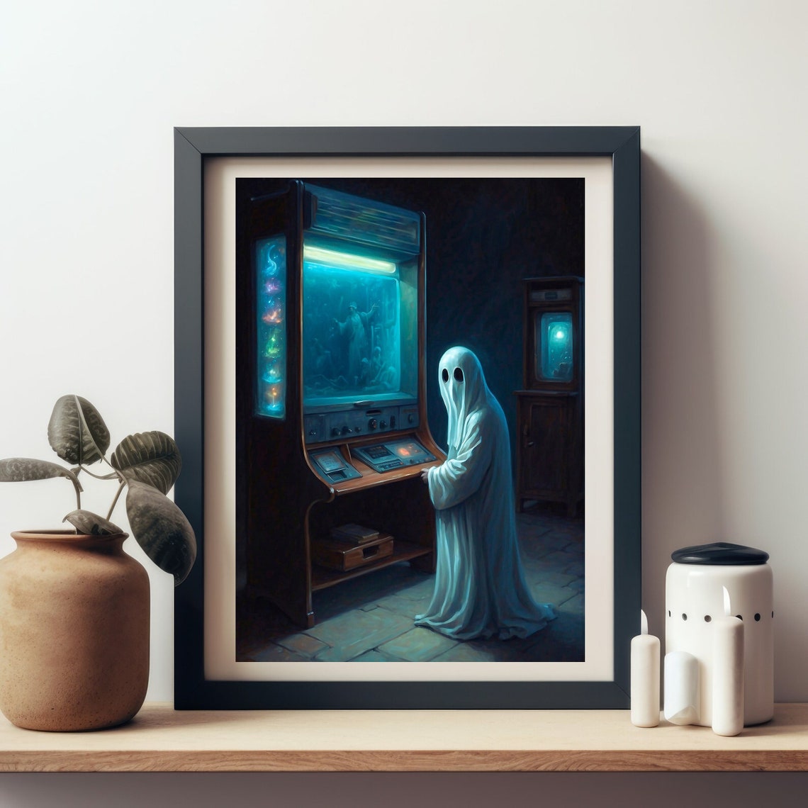 Ghost Playing A Vintage Arcade Cabinet In A Dark Room Poster - Image 4