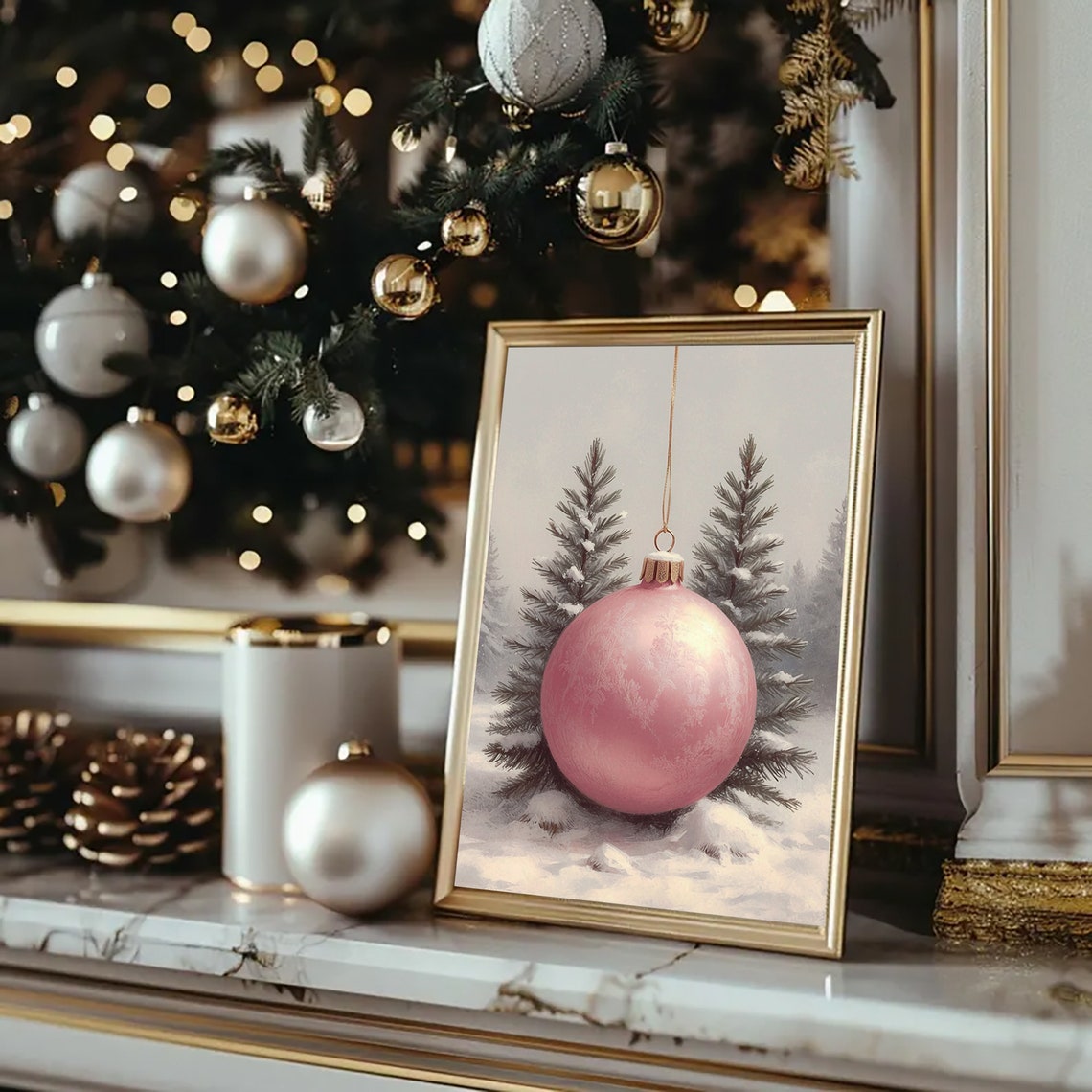 Pink Christmas Ornament Bauble Snowy Pine Trees Winter Holiday Poster - Image 2