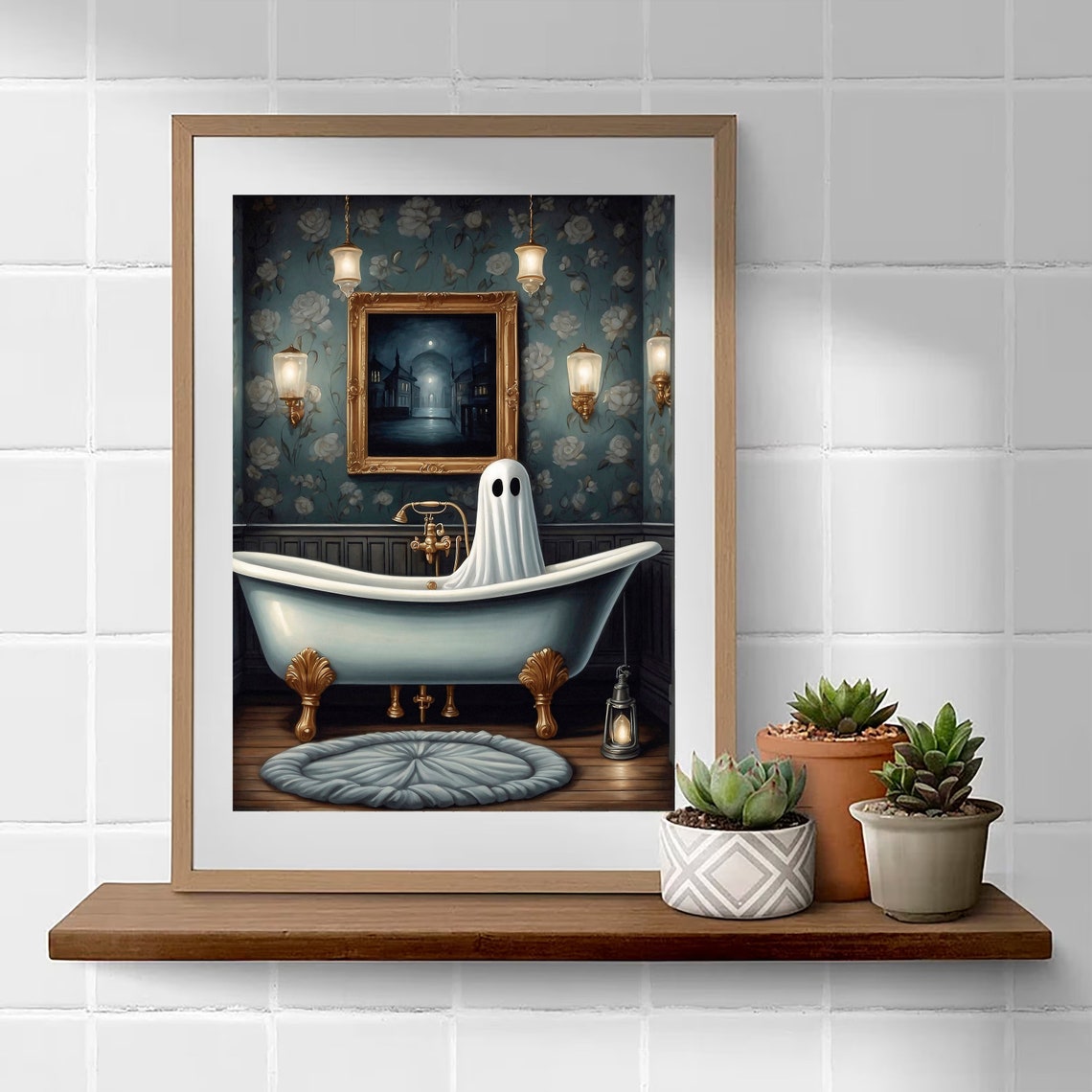 Cute Ghost Relaxing In A Vintage Bathtub Elegant Spooky Poster - Image 2