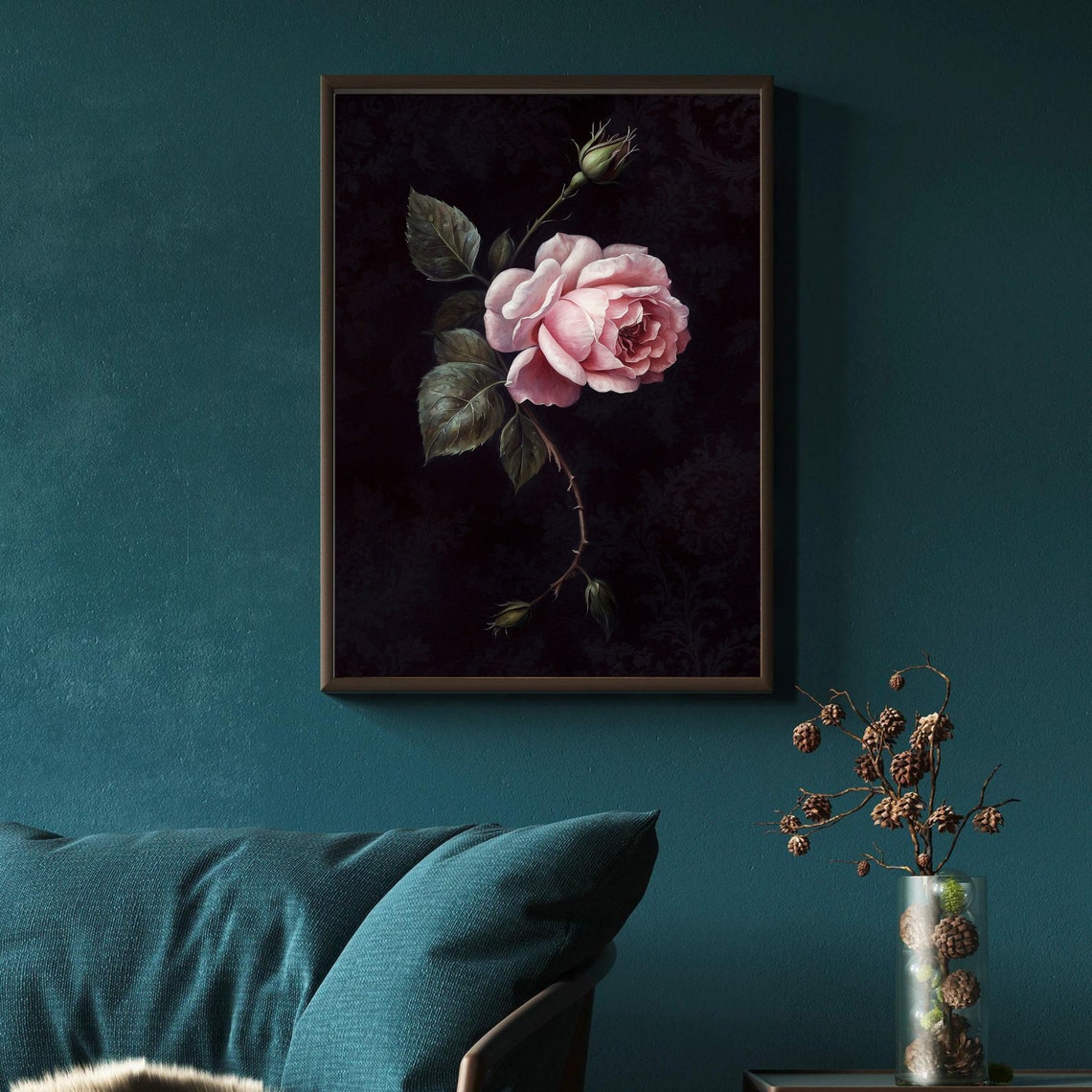 Pink Rose Single Bloom on Dark Ground Vintage Botanical Poster - Image 5
