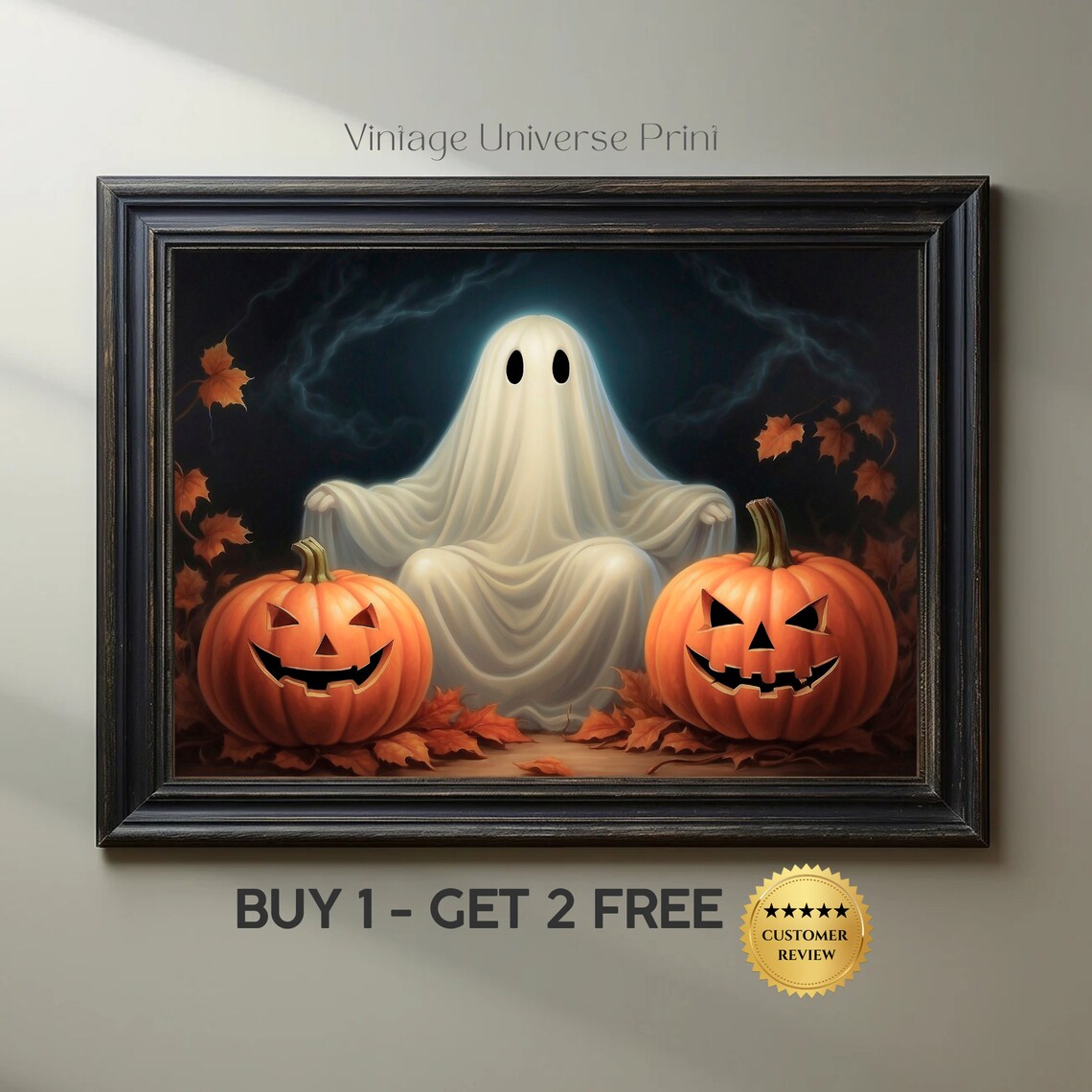 Spooky Ghost Sitting Between Two Glowing Jack O Lanterns Dark Halloween Poster
