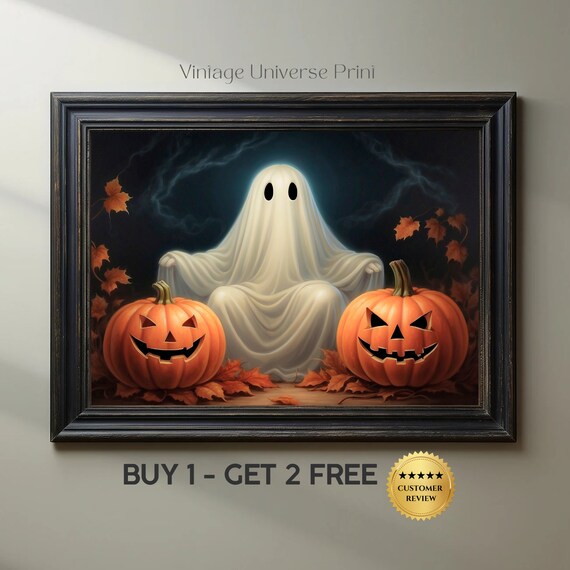 Spooky Ghost Sitting Between Two Glowing Jack O Lanterns Dark Halloween Poster