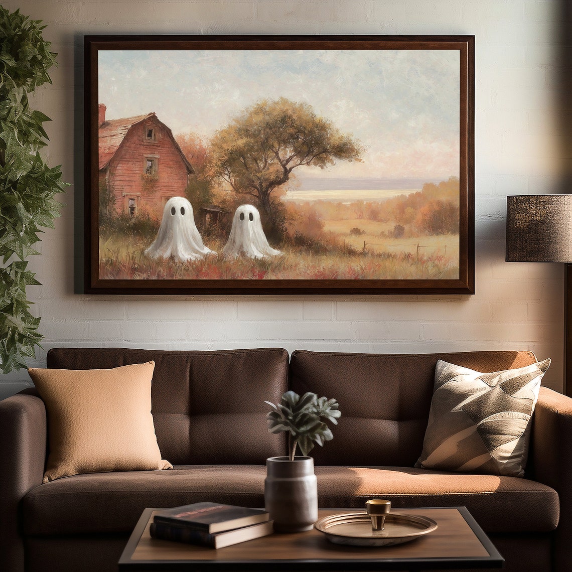 Cute Ghost Pair At Old Red Barn Autumn Meadow Halloween Decor Poster - Image 2