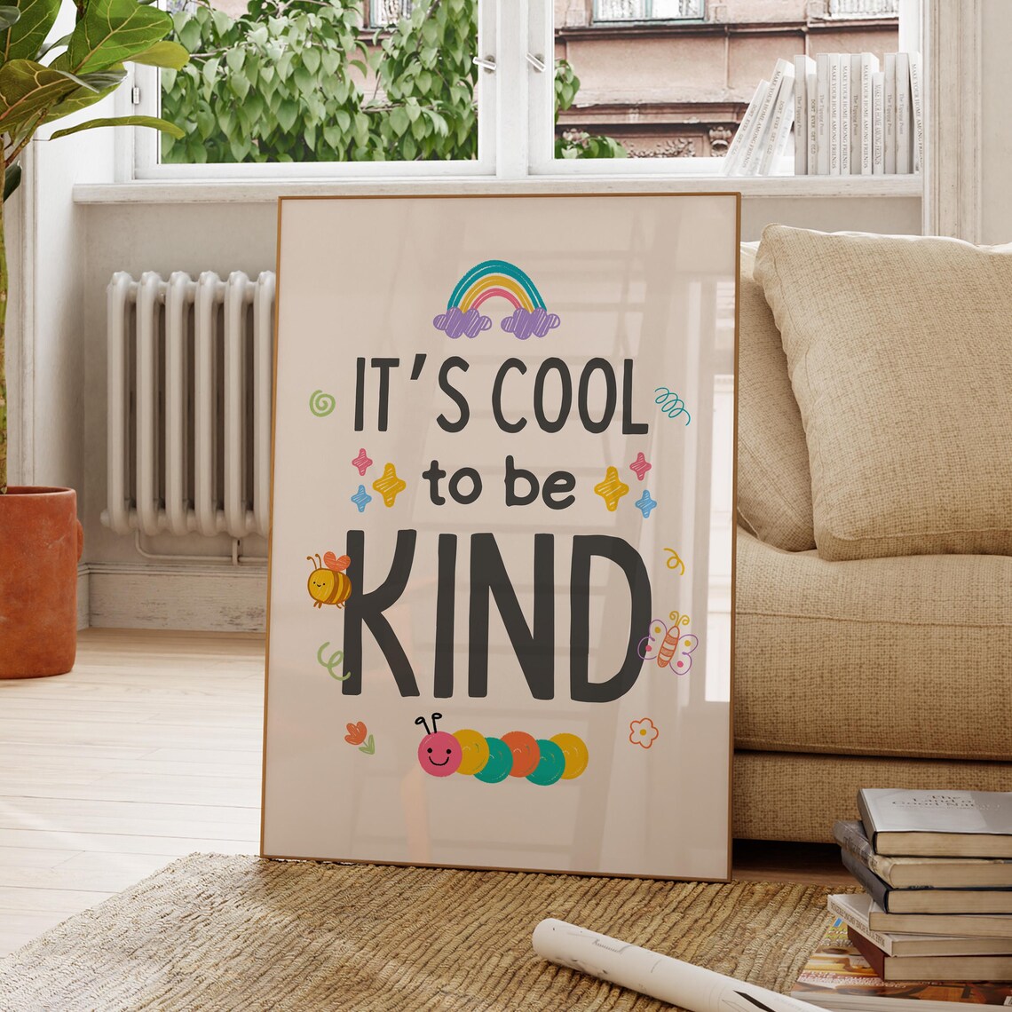 Its Cool to Be Kind Rainbow Playful Typography Kids Room Nursery Poster