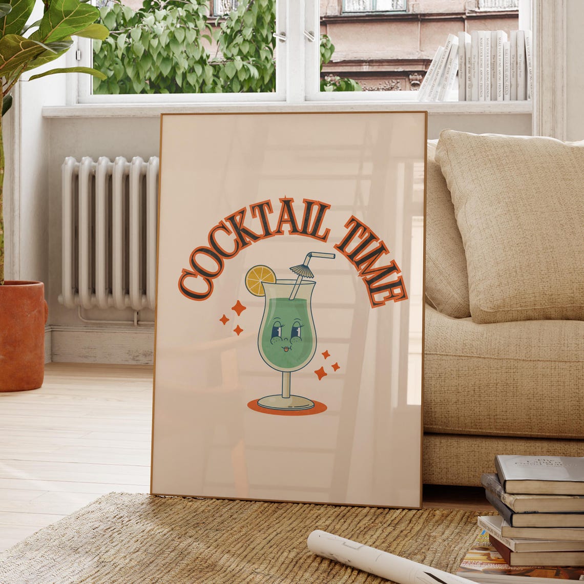 Cocktail Time Orange Collegiate Cute Character Retro Bar Cart Poster