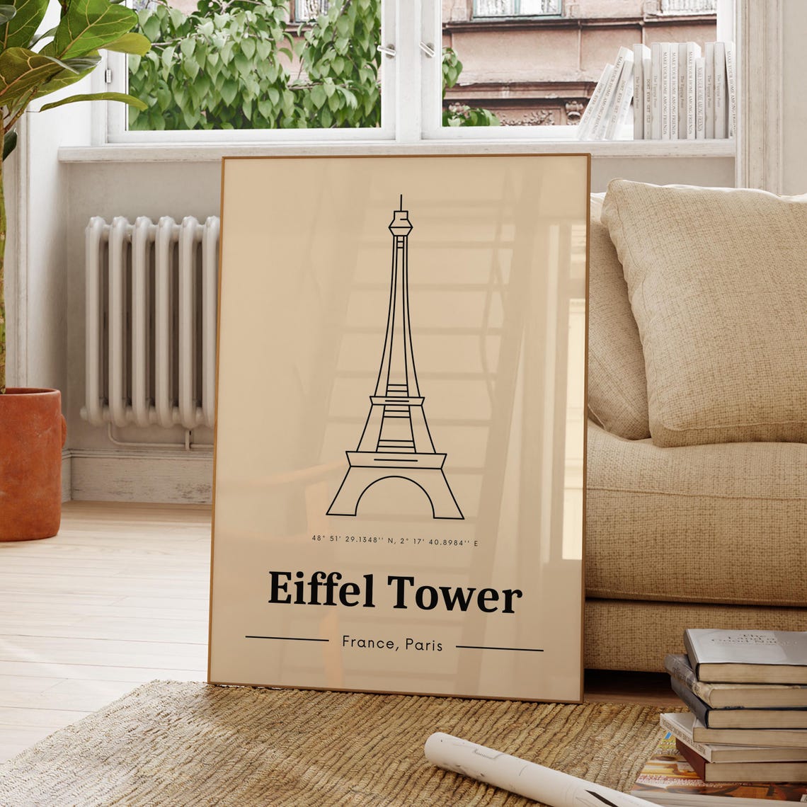 Eiffel Tower Paris Minimal Outline Beige Travel Souvenir Poster