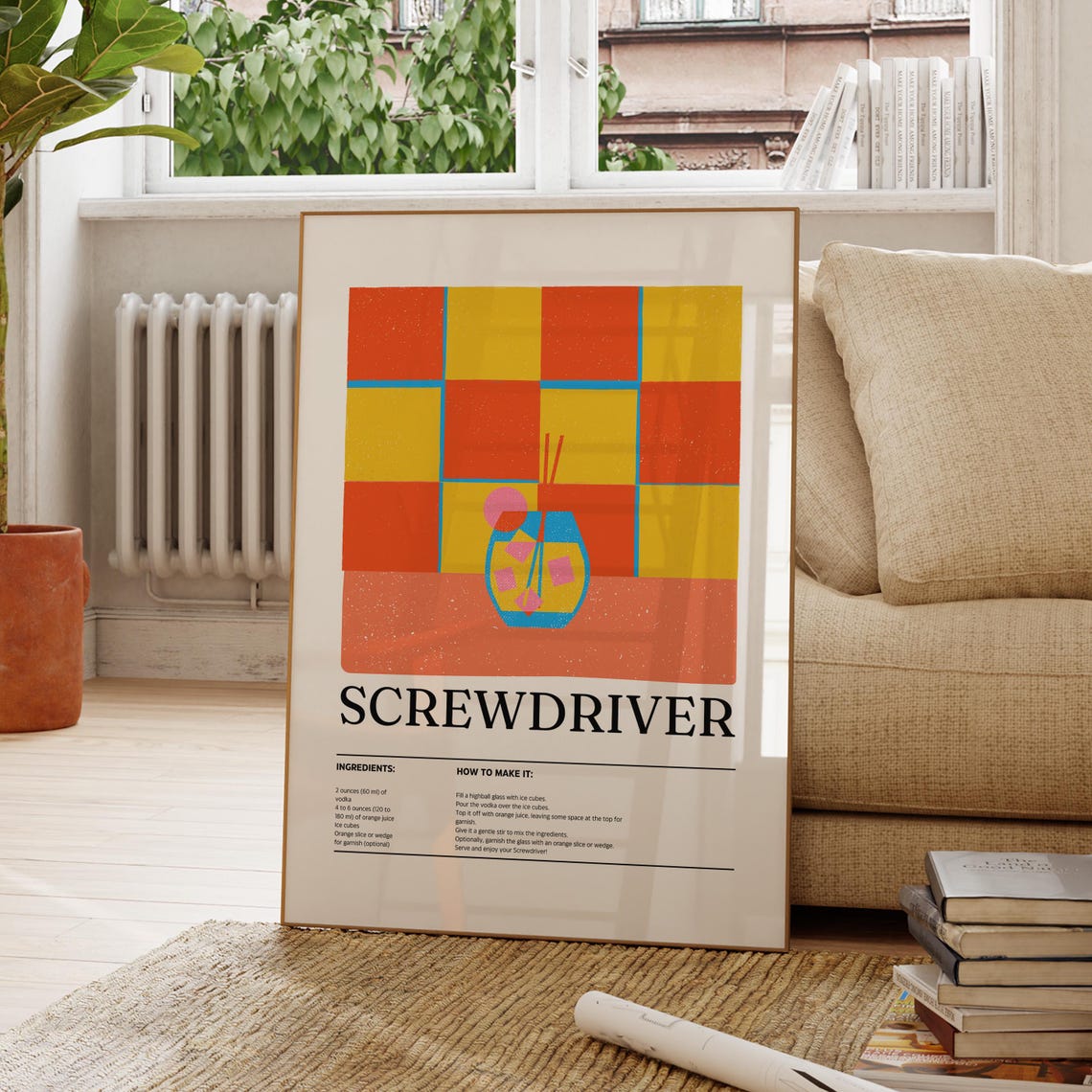 Screwdriver Cocktail Recipe Retro Checkerboard Illustration Wall Art