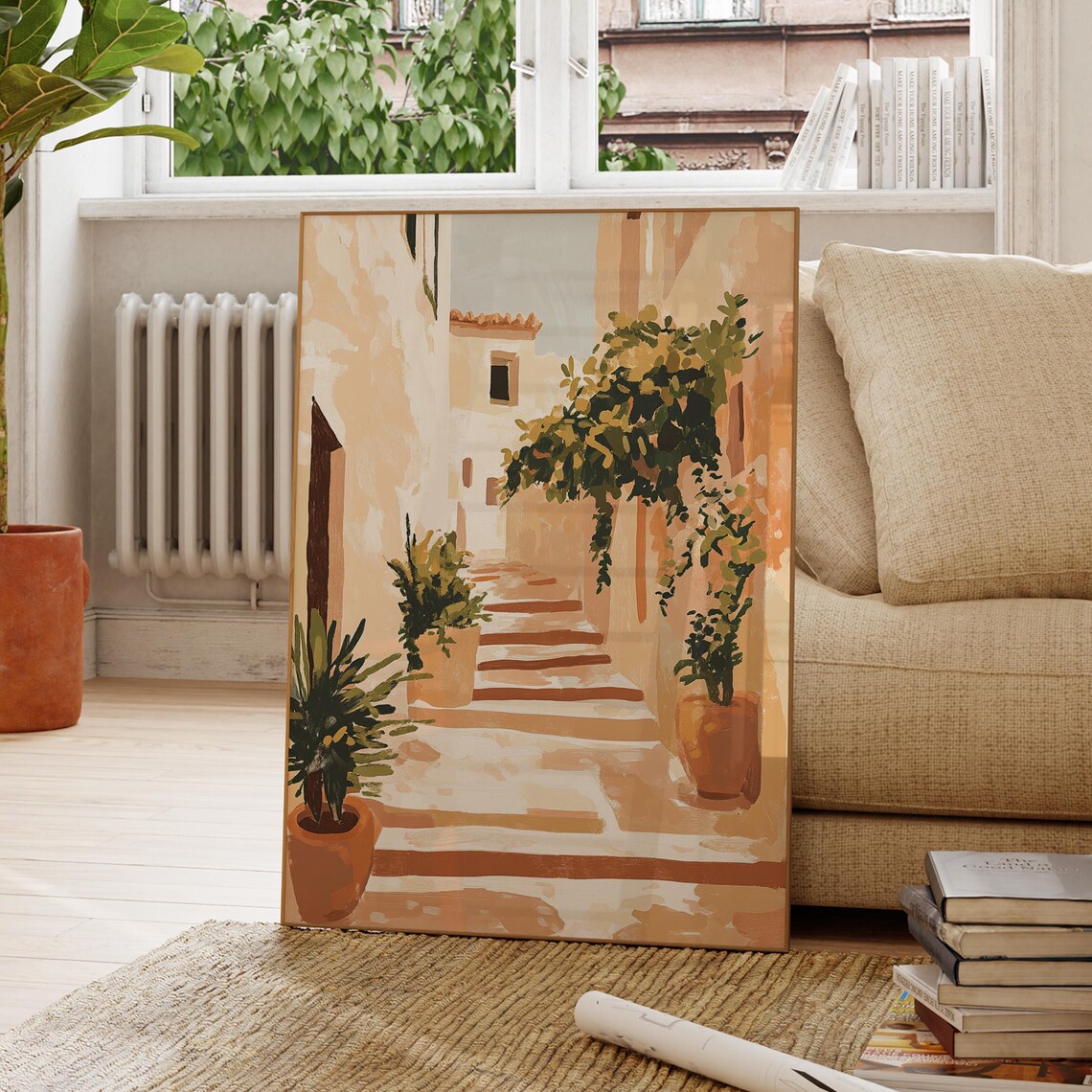 Warm Sunlit Mediterranean Old Town Alley Stairs Painting Poster