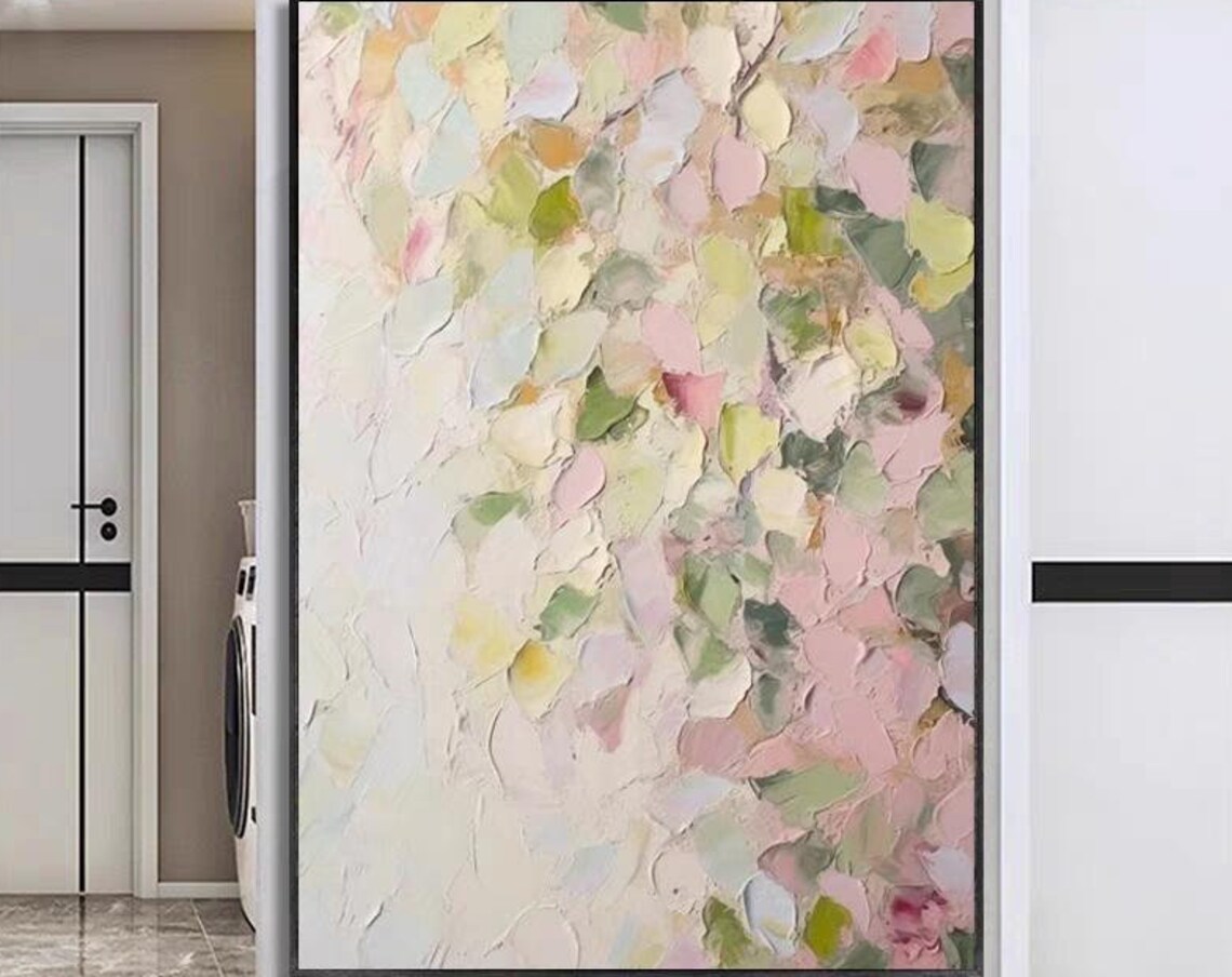 Pastel Pink Petals and Green Leaves Textured Abstract Poster