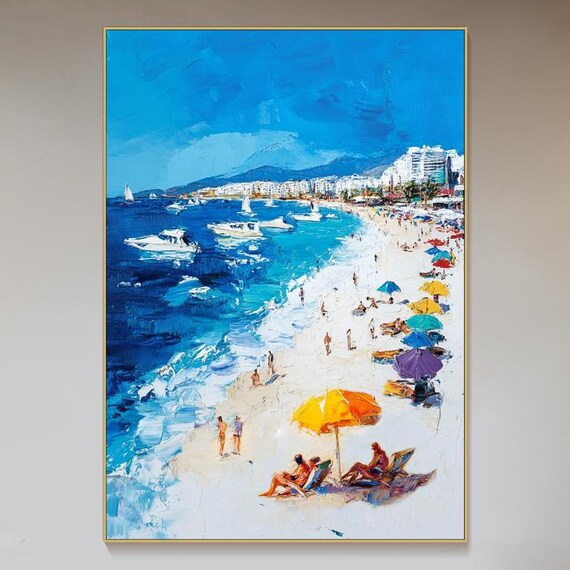 Sunny Beach Day Oil Painting Colorful Umbrellas Sailboats Blue Sea Coastal Art Poster