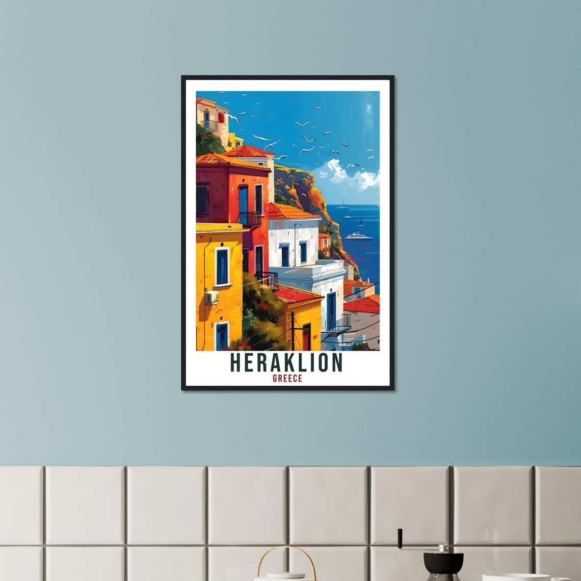 Heraklion Greece Colorful Harbor Houses Seagulls Travel Poster - Image 3