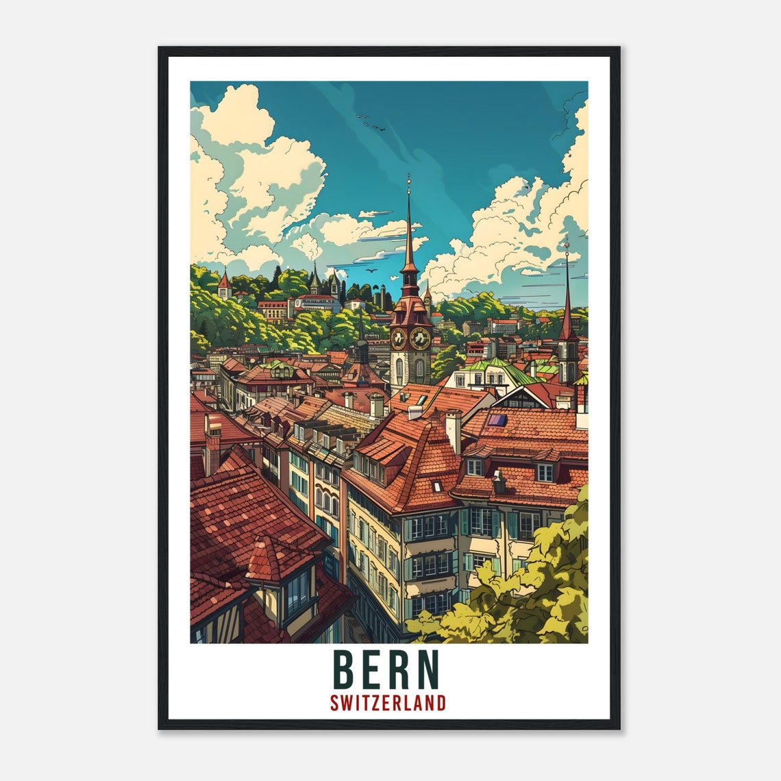 Bern Switzerland Clock Tower Red Rooftops Old Town Travel Poster - Image 4