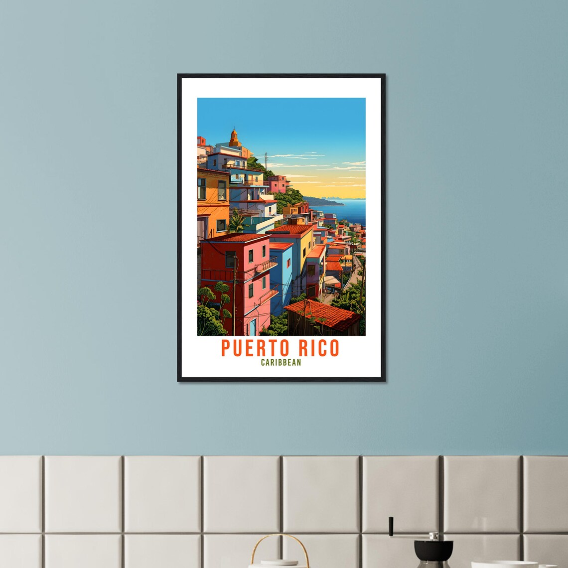 Puerto Rico Caribbean Colorful Hillside Coastal Town Travel Poster - Image 4