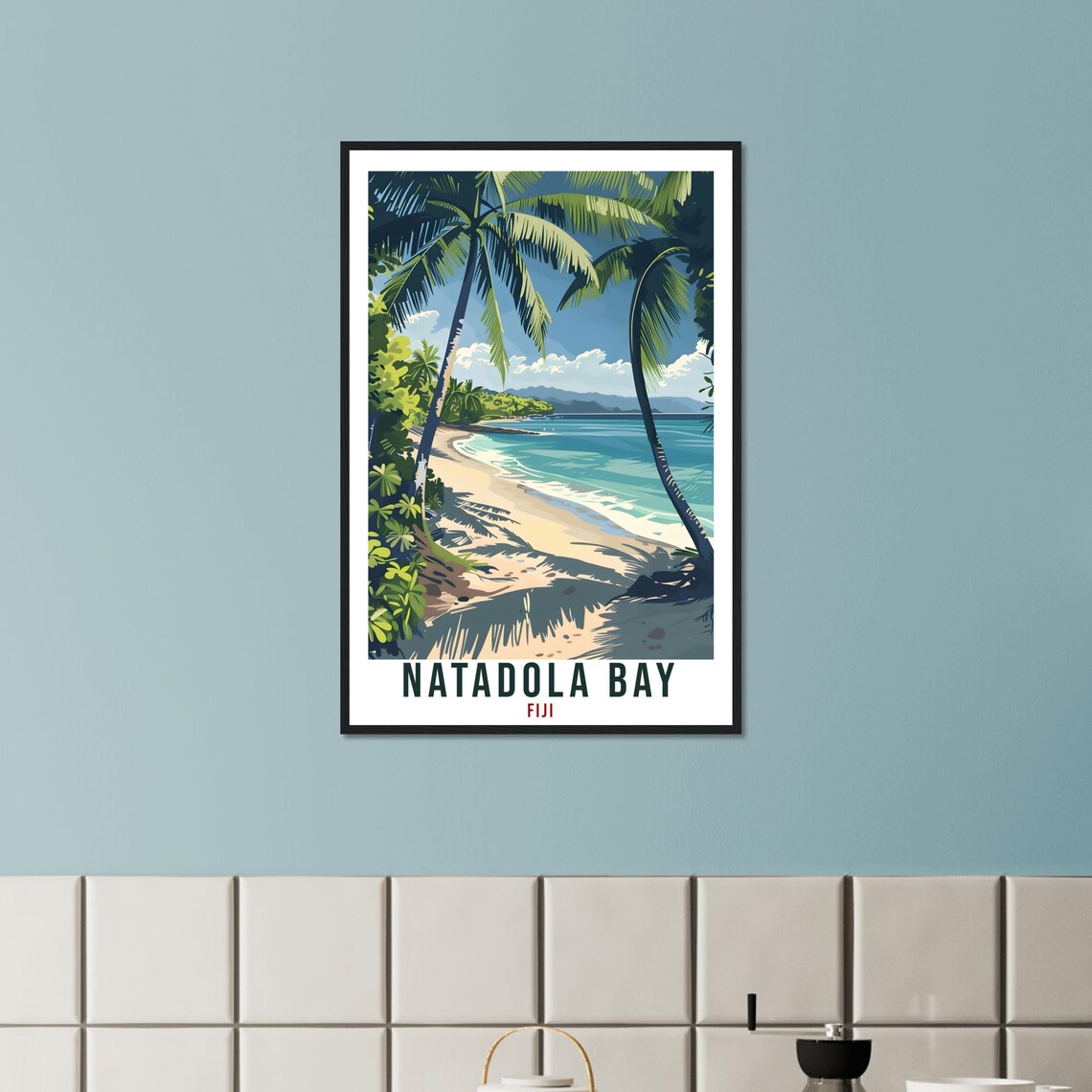 Natadola Bay Fiji Palm Beach Vintage Travel Illustration Poster - Image 2
