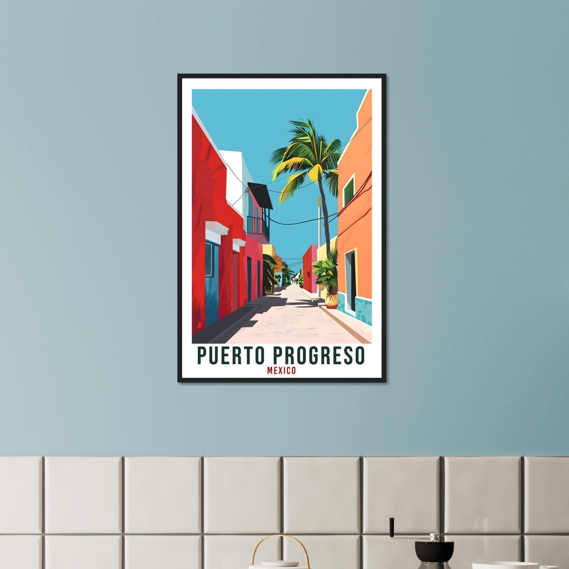 Puerto Progreso Mexico Colorful Street Retro Palm Travel Poster - Image 2