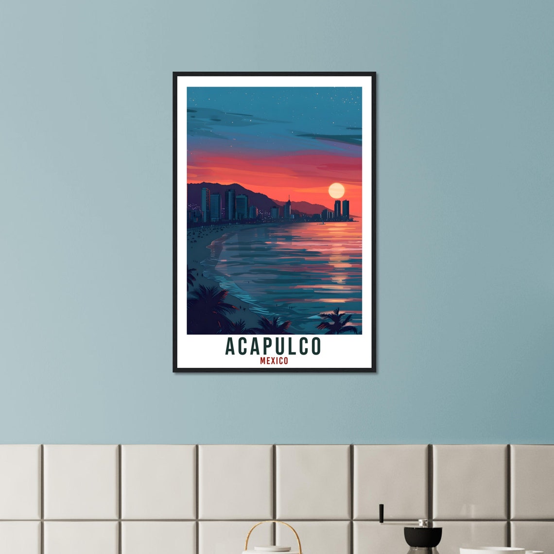 Acapulco Mexico Night Bay Skyline Retro Moonlit Travel Poster - Image 2