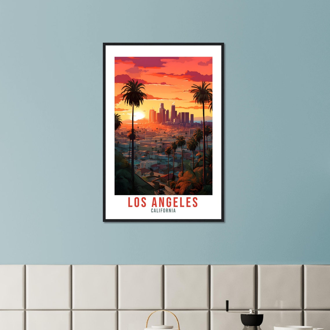Los Angeles California Downtown Skyline Sunset Palm Trees Poster - Image 3