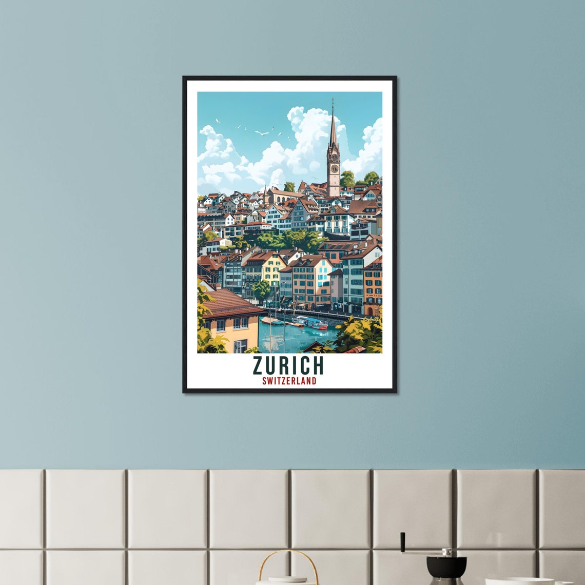 Zurich Switzerland Old Town Church Spire Riverfront Travel Poster - Image 3