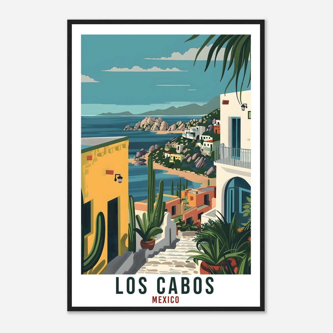 Los Cabos Mexico Hillside Village Ocean View Cactus Stone Steps Poster - Image 4